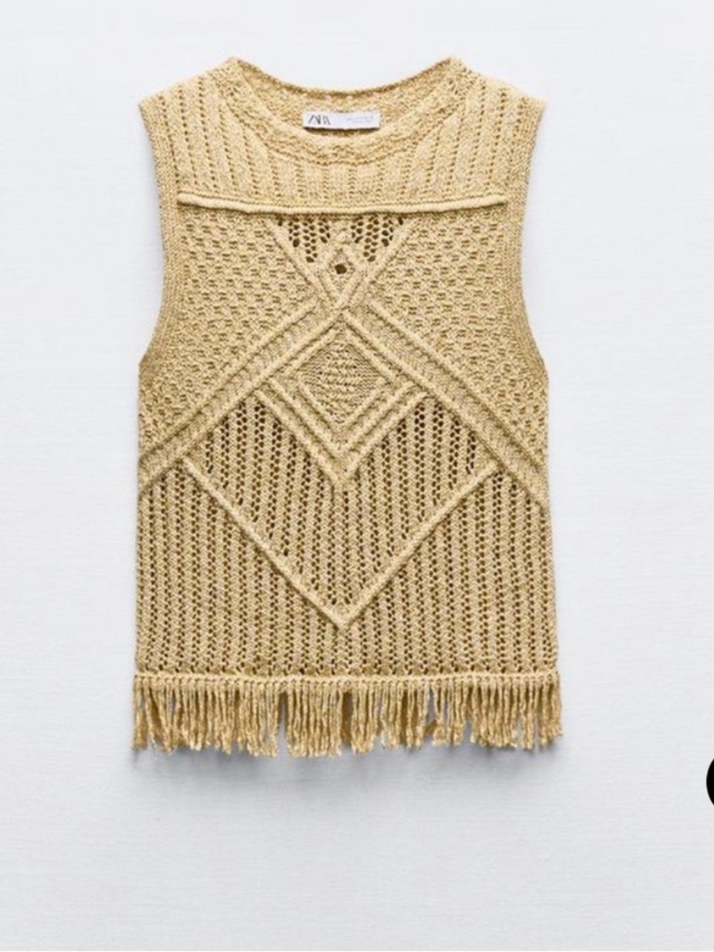 Zara Gold Metallic Thread Fringed Knit Crochet Sleeveless Top